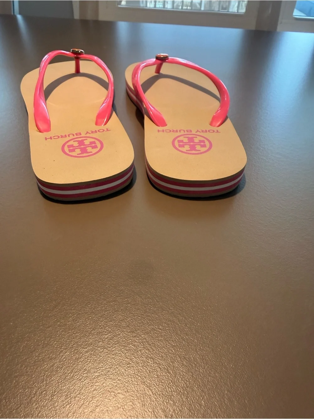 Tory Burch Eva Pink Tan Stripe side Logo Flip Flop Sandals Size 5-6